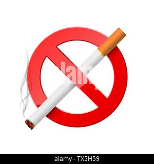No Smoking. Red prohibition sign with burning cigarette. Realistic Forbidden Smoking Icon. Vector illustration isolated on white background Stock Vector