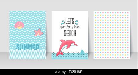 Summer flyer card with pink dolphin. Lets go to the beach. Journal cards. Vector illustrations for t-shirt, poster prints. Holiday, travel, vacation t Stock Vector