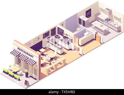 Vector isometric restaurant interior cross-section Stock Vector