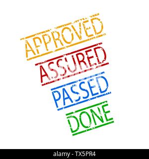 Assured, passed, done, approved rubber stamp. Vector grunge seal, assurance and permit isolated ink illustration Stock Vector