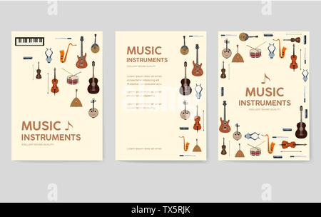 Music instruments vector brochure cards set. Audio tools template of flyear, magazines, poster, book cover, banners. Concert invitation concept background. Layout illustration modern page Stock Vector