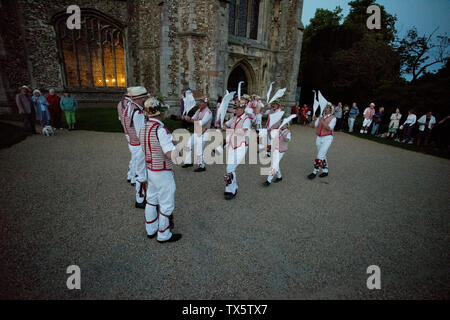 Thaxted Morris Men at the Thaxted Patronal Festival, Thaxted Essex, England. 22 6 2019 Thaxted Morris Men perform outside Thaxted Church Stock Photo