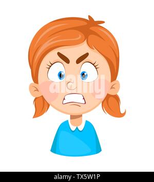 Face expression of cute little girl, angry. Emotion of pretty girl cartoon character. Vector illustration isolated on white background Stock Vector