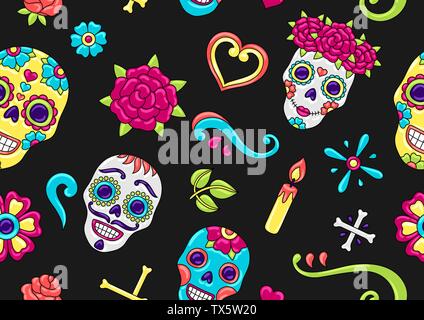 Day of the Dead seamless pattern. Sugar skulls with floral ornament. Stock Vector
