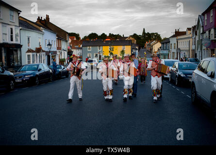 Thaxted Morris Men at the Thaxted Patronal Festival, Thaxted Essex, England. 22 6 2019. Dancing at the GuildHall,processing to the Church. Stock Photo