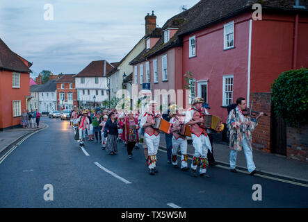 Thaxted Morris Men at the Thaxted Patronal Festival, Thaxted Essex, England. 22 6 2019. Dancing at the GuildHall,processing to the Church. Stock Photo