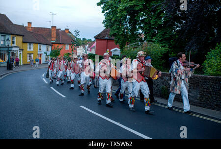 Thaxted Morris Men at the Thaxted Patronal Festival, Thaxted Essex, England. 22 6 2019. Dancing at the GuildHall,processing to the Church. Stock Photo