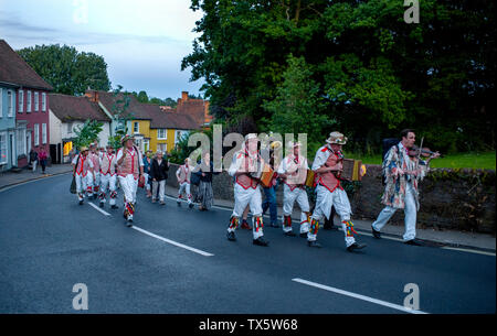 Thaxted Morris Men at the Thaxted Patronal Festival, Thaxted Essex, England. 22 6 2019. Dancing at the GuildHall,processing to the Church. Stock Photo