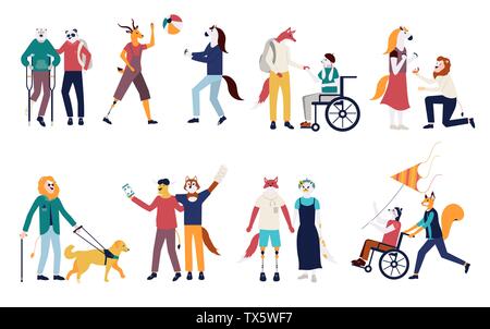 Set of men and women vector illustration. Collection of disabled people with their romantic partners and friends flat cartoon. Physical disorder or impairment with mates and family characters. Stock Vector