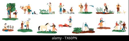 Planting crops, feeding farm animals, milking cow, gathering harvest, collecting apples, carrying fruits, working on tractor vector illustration. Set of farmers or agricultural workers flat cartoon. Stock Vector