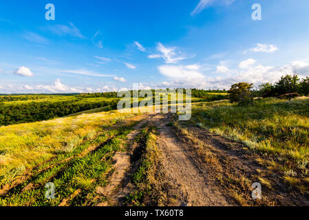 Scenic countryside landscape with rural dirt road with blue sky Stock Photo
