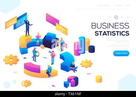 Flat isometric infographics for banner or business header vector illustration. Financial administration concept. Consulting for company performance, analysis concept. Statistics and business statemen Stock Vector