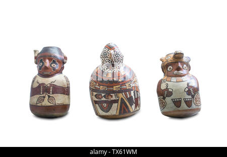 Madrid, Spain - Sept 8th, 2018: Chiefs carrying taxes. Clay figurines of Nazca Culture. Museum of the Americas, Madrid, Spain Stock Photo
