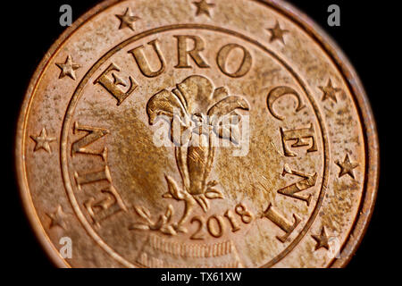 Reverse side of the coin one euro cent macro isolated on black background. Detail of metallic money close up. EU money. Stock Photo