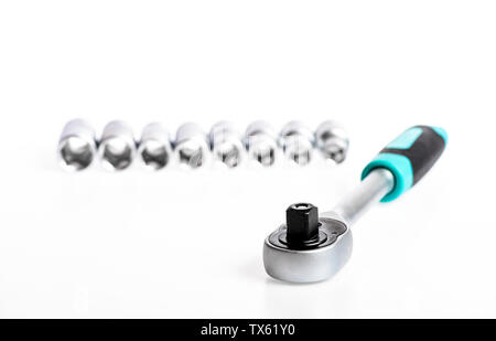 Trust us. multi purpose tool kit. Chrome Vanadium Steel. metallized fix equipment. socket wrench isolated on white background. Iron tools set. Stock Photo