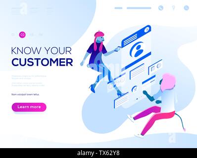 Data analysis and office situations. Isometric vector illustration. Landing page concept. People fly and build a customer profile in a mobile application. Stock Vector