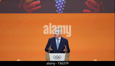 Lausanne, Switzerland. 24th June, 2019. President of the International Olympic Committee (IOC) Thomas Bach speaks during the 134th session of International Olympic Committee (IOC) in Lausanne, Switzerland, June 24, 2019. Credit: Cao Can/Xinhua/Alamy Live News Stock Photo