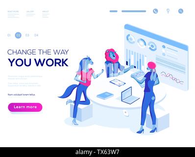 Landing page template. 3d vector isometric illustration. People work in a team and interact with graphs. Business, workflow management and office situations. Stock Vector