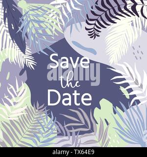 Wedding invitation with floral, tropical leaves, wreath, geometrical. Vector template for birthday, baby shower, flyer, banner with calligraphy,  save Stock Vector