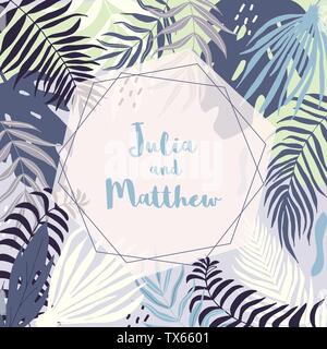 Wedding invitation with floral, tropical leaves, wreath, geometrical. Vector template for birthday, baby shower, flyer, banner with calligraphy,  save Stock Vector