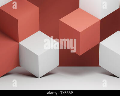 Abstract graphical background with white and red cubes installation. 3d rendering illustration Stock Photo