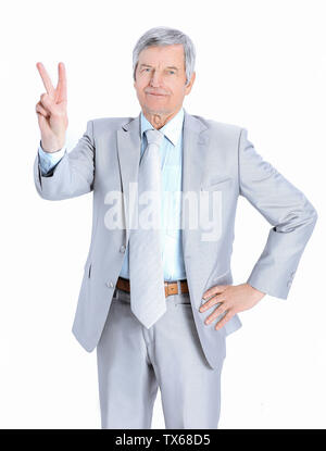 Mature businessman showing victory sign .isolated on white background Stock Photo
