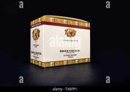 Santa Clara, Cuba - April 7, 2019: A Romeo and Julieta cuban cigar box on a black surface Stock Photo