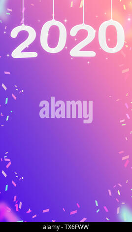 2020 Happy new year and confetti hanging at pink gradient purple studio room,Hoilday greeting card,Vertical Mock up for display or montage of product Stock Photo