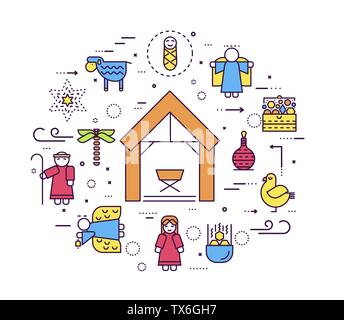 Merry Christmas thin line icons flat set background. Outline birth of Christ illustration background concept Stock Vector