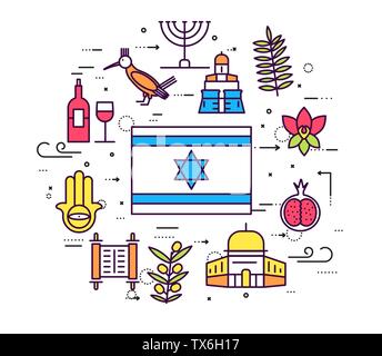 Country Israel travel vacation guide of goods, place and feature. Set of architecture, fashion, people, item, nature background concept. Circle traditional ethnic flat, outline, thin line icon