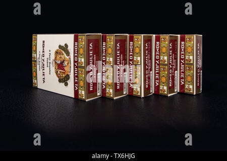 Santa Clara, Cuba - April 7, 2019: Five Romeo and Julieta cuban cigar boxes Stock Photo