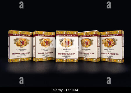 Santa Clara, Cuba - April 7, 2019: Five Romeo and Julieta cuban cigar boxes Stock Photo