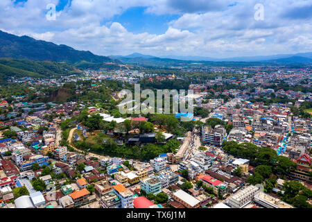 Aerial view of border market at Mae sai in Thailand and Shan State of Myanmar. Stock Photo