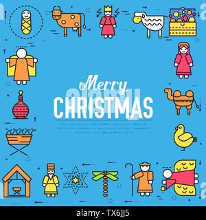 Merry Christmas thin line icons flat set background. Outline birth of Christ illustration background concept Stock Vector