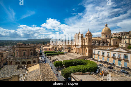 Panoramic view of Noto old town and Noto Cathedral, Sicily, Italy. Stock Photo