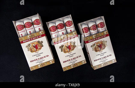 Santa Clara, Cuba - April 7, 2019: Three Romeo and Julieta cuban cigar boxes Stock Photo