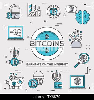Bitcoin  outline icons collection set. Modern technologies linear symbol pack. Template of thin line icons, logo, symbols, pictogram and flat illustrations concept. Stock Vector