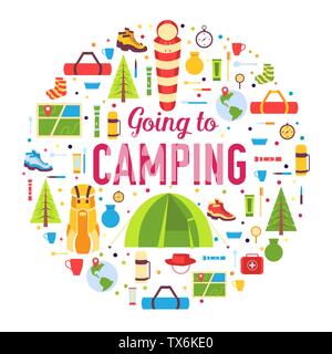 Camping equipment set circle infographics template concept. Icons for your product or design, web and mobile applications. Vector flat with long shadow illustration. Stock Vector