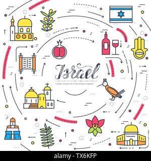 Country Israel travel vacation guide of goods, place and feature. Set of architecture, fashion, people, item, nature background concept. Infographic traditional ethnic flat, outline, thin line icon