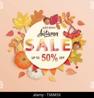 Autumn sale banner, up to 50 percent off. Stock Vector