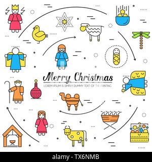 Merry Christmas thin line icons flat set background. Outline birth of Christ illustration background concept Stock Vector