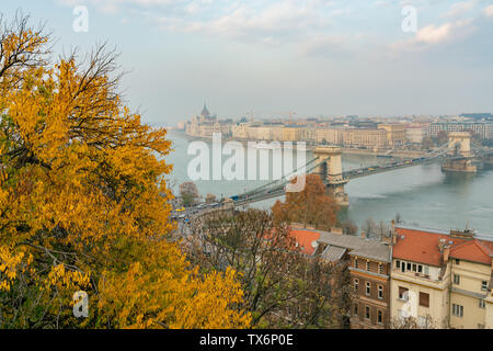 Afternoon aerial view of the famous Széchenyi Chain Bridge with Four Seasons Hotel Gresham Palace at Budapest, Hungary Stock Photo