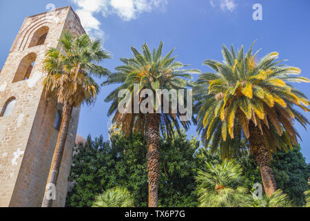 Historical view of the bell tower of church San Giovanni degli Eremiti in Palermo Sicily, with beautiful green garden and palms Stock Photo