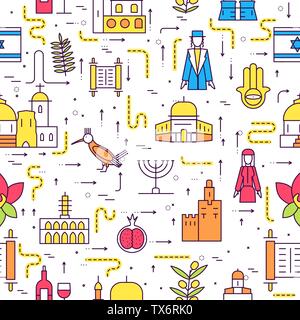 Country Israel travel vacation guide of goods, place and feature. Set of architecture, fashion, people, item, nature background concept. Seamless pattern traditional ethnic flat, outline, thin line icon