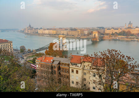 Afternoon aerial view of the famous Széchenyi Chain Bridge with Four Seasons Hotel Gresham Palace at Budapest, Hungary Stock Photo