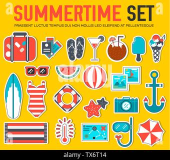Summer vecetion time background vector concept. Summertime illustrations set design in flat design. Stock Vector