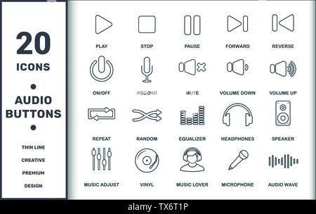 Audio Buttons icons set collection. Includes creative elements such as Play, Stop, Pause, Reverse, Forward, Random and Equalizer premium icons Stock Vector