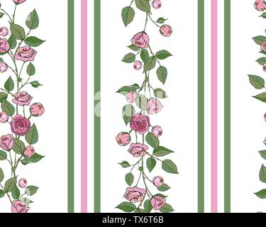 Vector seamless pattern. Endless texture with hand drawn rose branches. Roses, rose buds and leaves isolated on a white background. Vector elements in Stock Vector