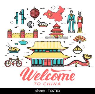 Country China travel vacation guide of goods, places in thin lines style design. Set of architecture, fashion, people, nature background concept. Infographic template for web and mobile on vector flat. Stock Vector