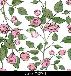 Vector seamless pattern. Endless texture with hand drawn rose branches. Roses, rose buds and leaves isolated on a white background. Vector elements in Stock Vector
